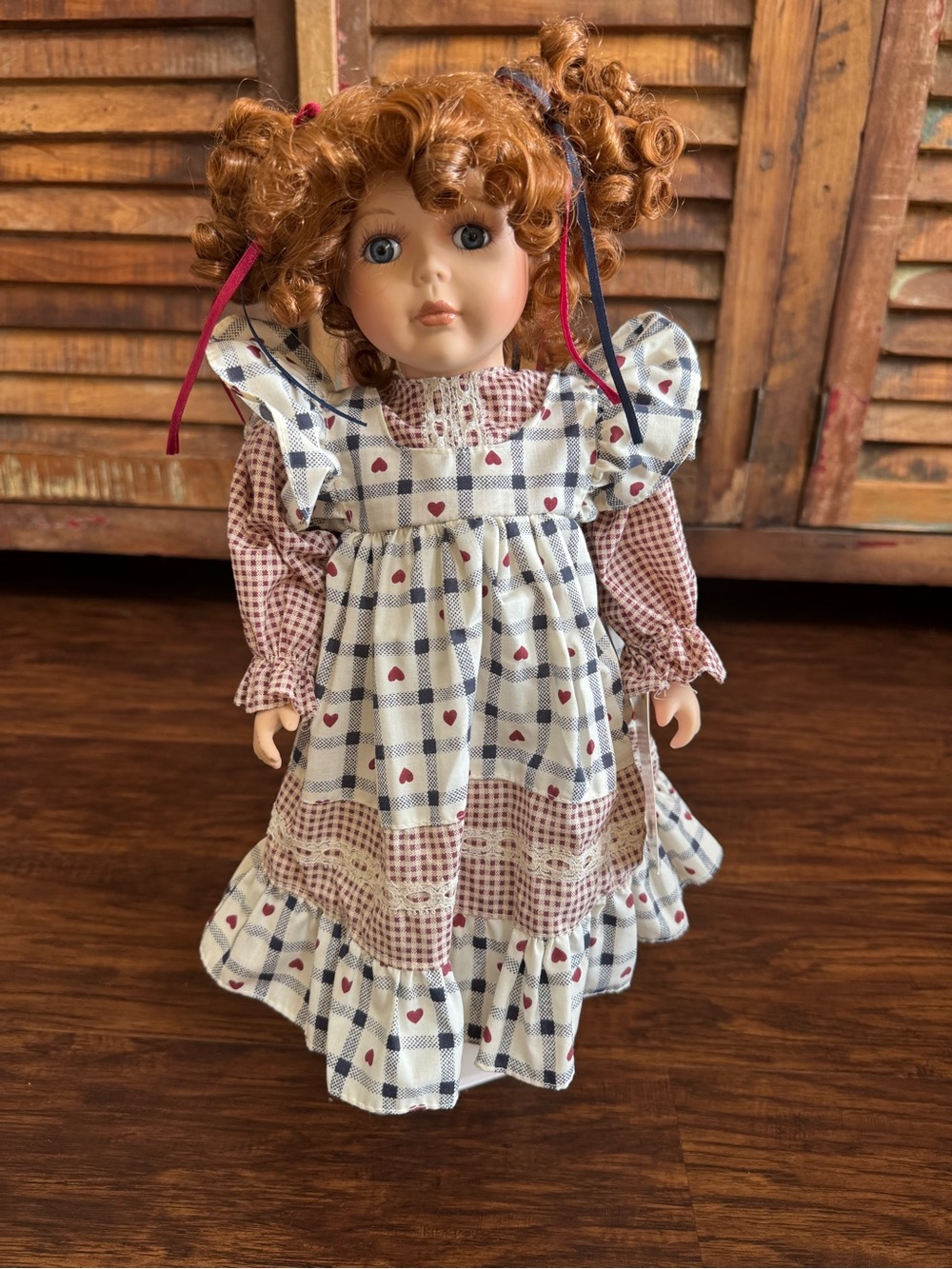 Norma Jean Redhead Porcelain Doll in White & Blue Heart Dress